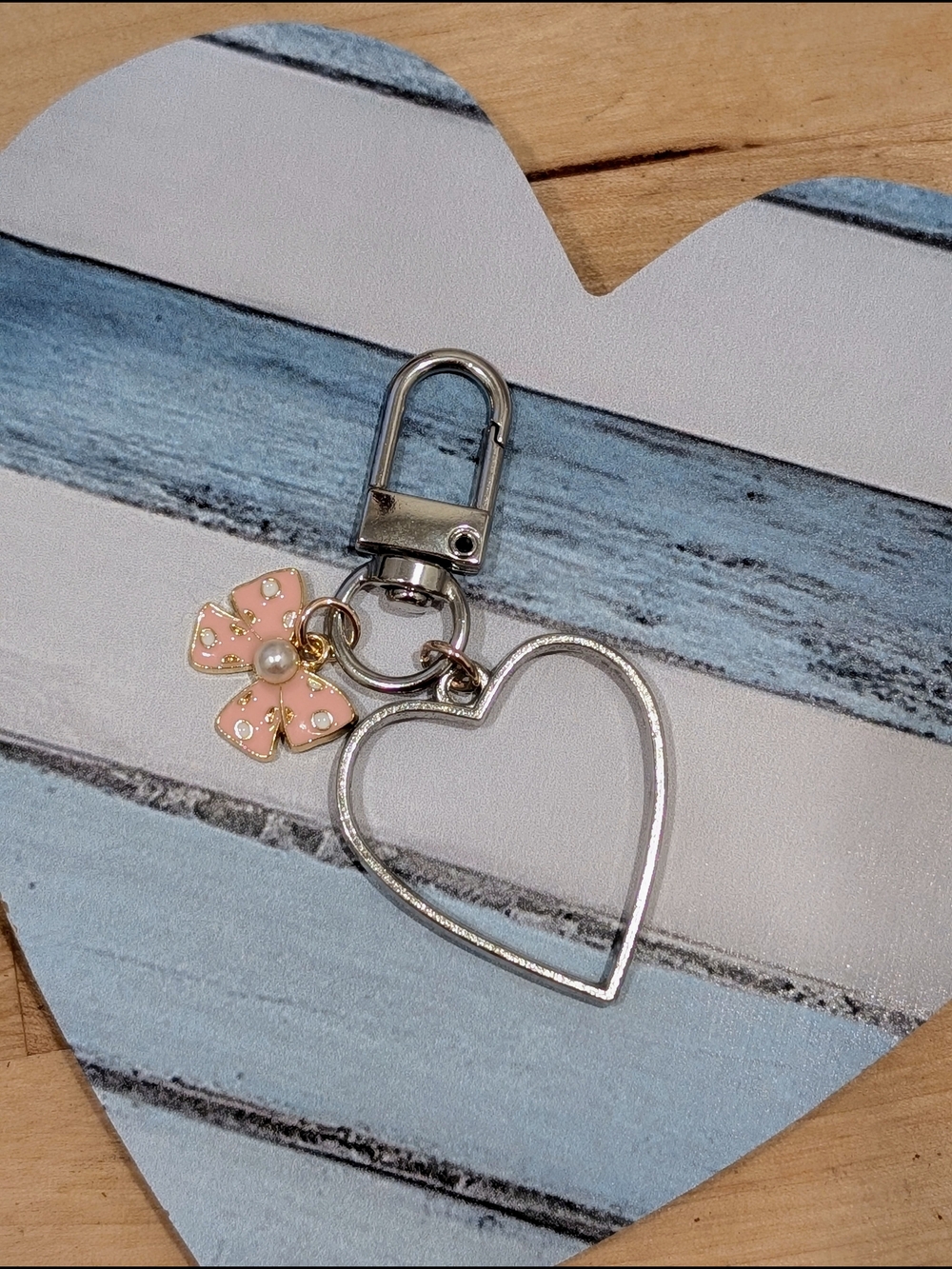 Silver Heart Keyring with Pink Floral Charm